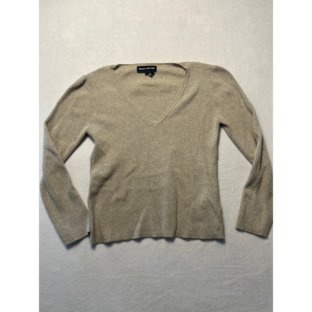 DKNY Jeans SM V-Neck Sweater Minimalist Beige Ribbed Knit Cotton Blend Top